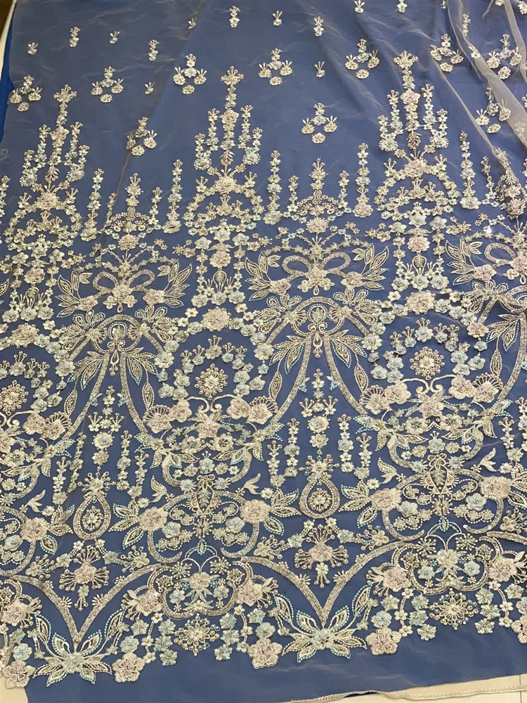 

High-grade handmade stone fabric, beautiful wedding/evening dress design, multi-color embroidery French mesh tulle lace fabric