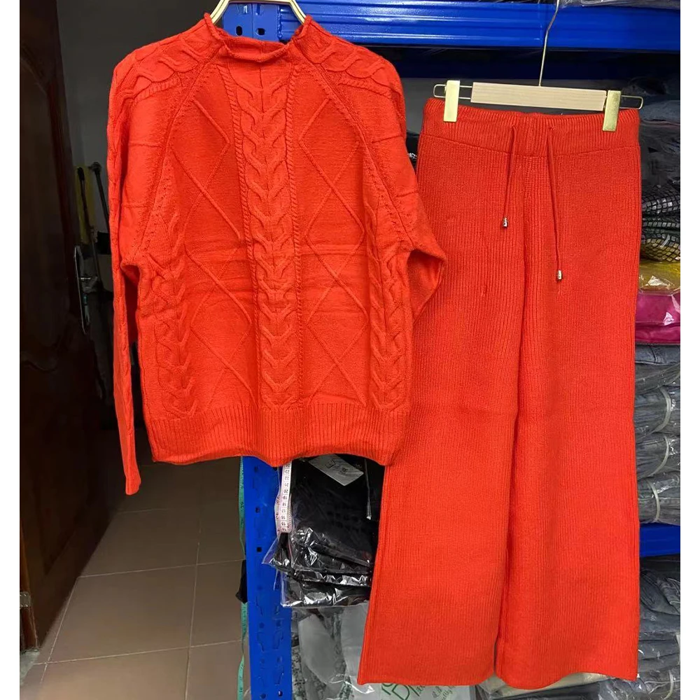 high-collar twist pink sweater two-piece women's knitted suit wide-leg pants western style suit tide Women's office suit