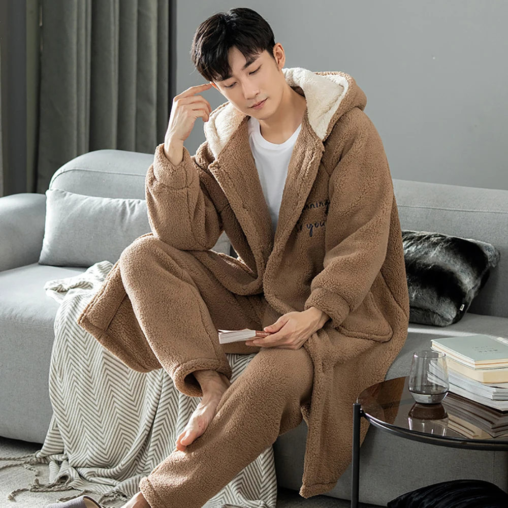 

Winter Loose Hooded Men's Bathrobe Soft Thick Flannel Warm Terry Sets Robe Fashion Embroidery Kimono Cozy Pajamas for Men Pajama