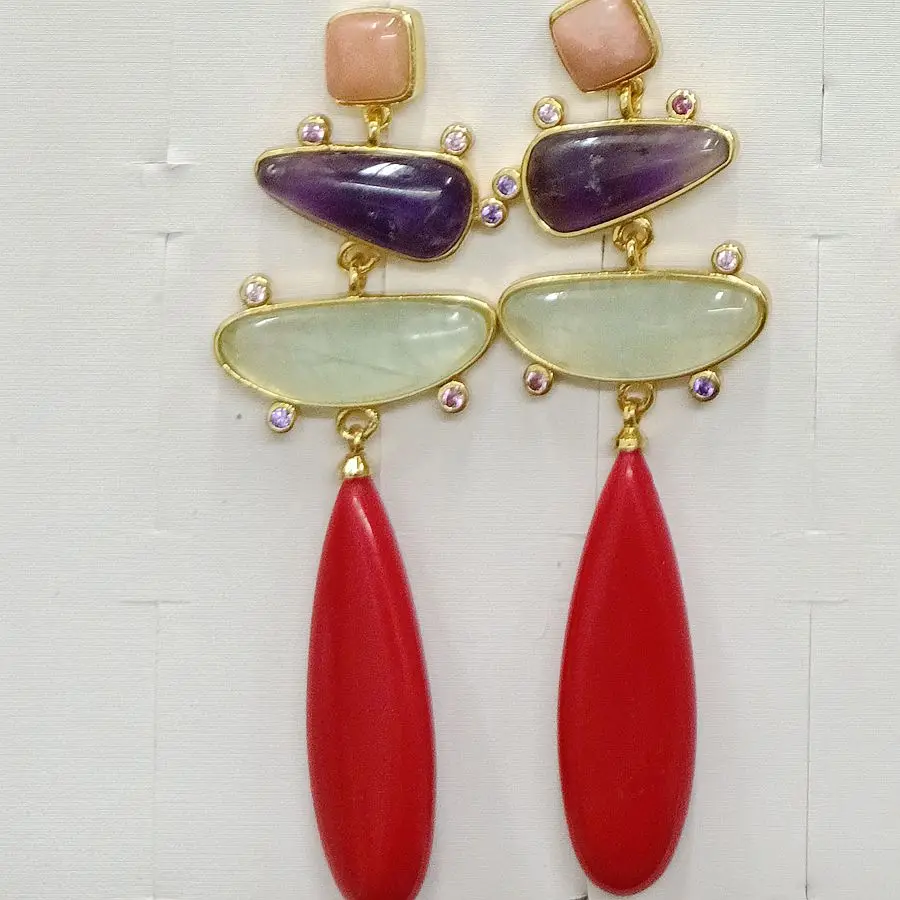

Geometric Gemstone red Agate pink Quartz Natural Stone Long Drop Earrings Sterling Silver 925 Ear Needle for Women wholesale