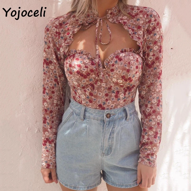 Женская ажурная блузка Yojoceli с цветочным принтом топ на осень 2019| |