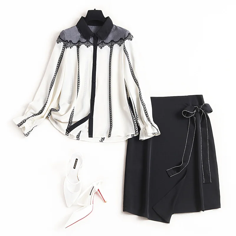 

2020 Spring Fashion Printed Lace Stitching Chiffon Shirt Crop Matching Irregular Tie Black Short Skirt 2 Piece Set Women Outfits