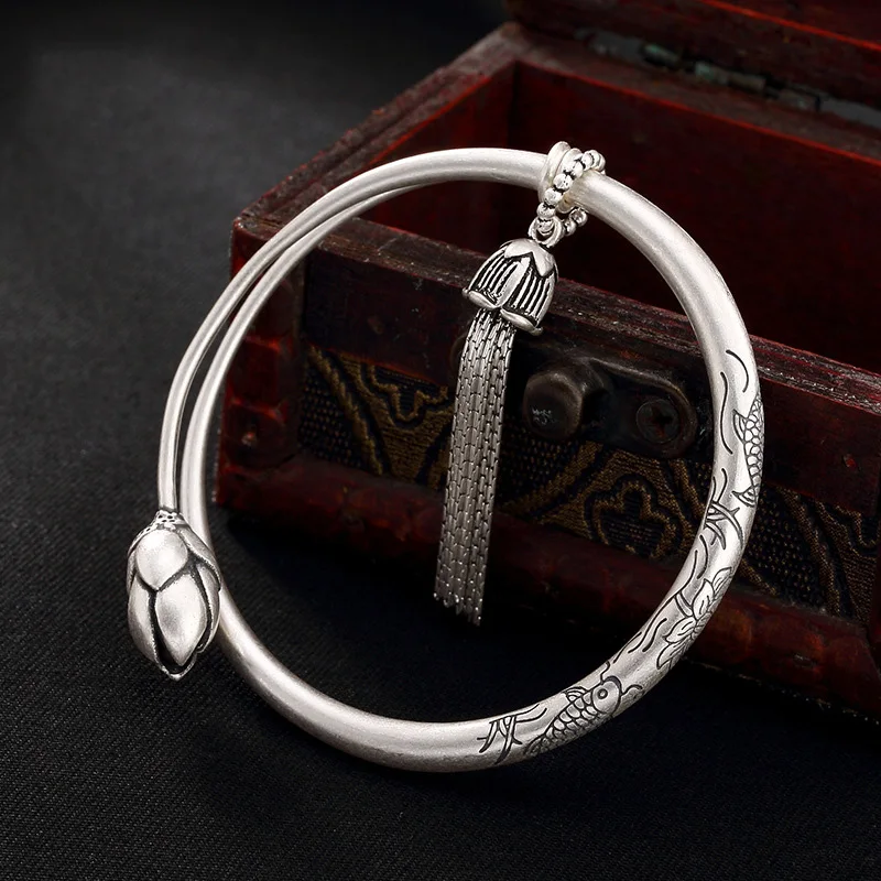 

Настоящий чистый тайский браслет, браслеты для женщин, с выгравированной рыбой, винтажные кисточки, расширяющийся браслет на запястье, брас...