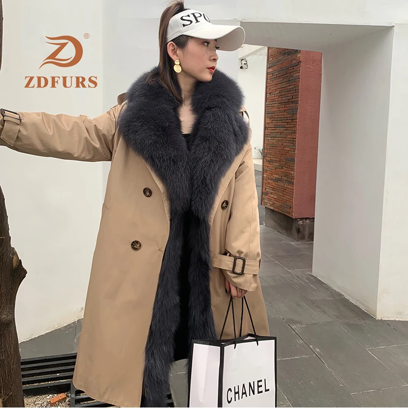 ZDFURS* натуральная Рекс подкладка из кроличьего меха парка большой лисий мех воротник пальто зимняя куртка женская натуральный мех теплые толстые парки X-Long