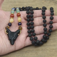 natural black obsidian craved wolf head pendants knotted handmade yoga necklaces lava stone round beads mala jewelryqc0107