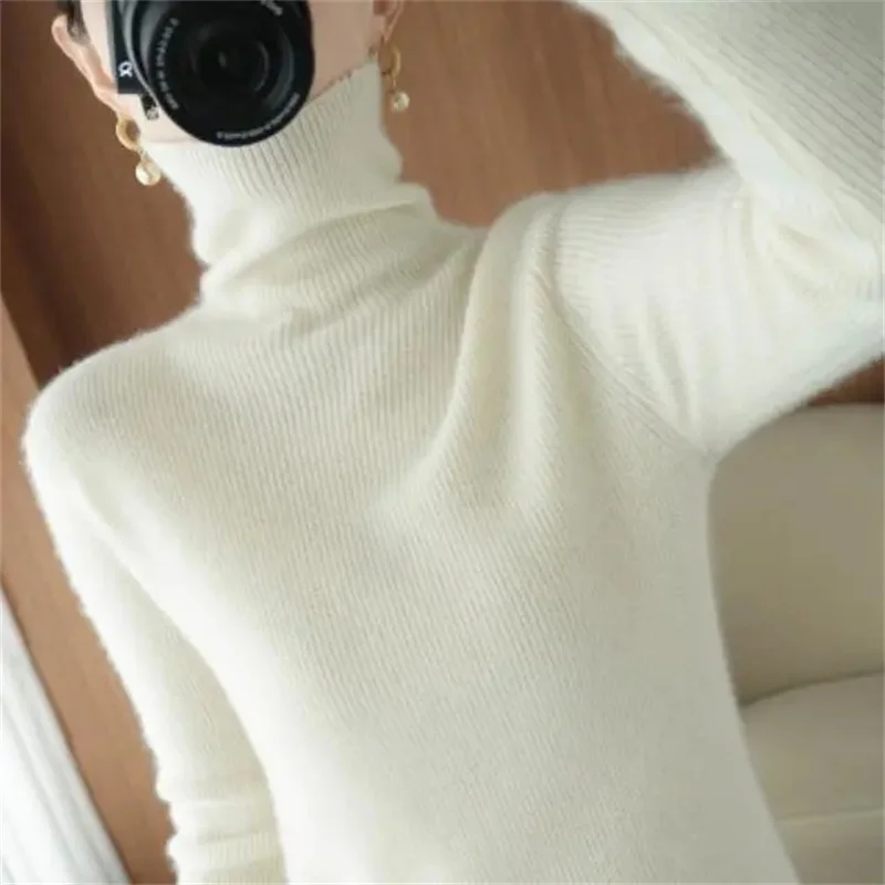 

Fashion Slim Turtleneck Knitted Sweater Women Korean Long Sleeve Keep Warm Stretch Knitwear Top Solid Color Winter Base Shirt