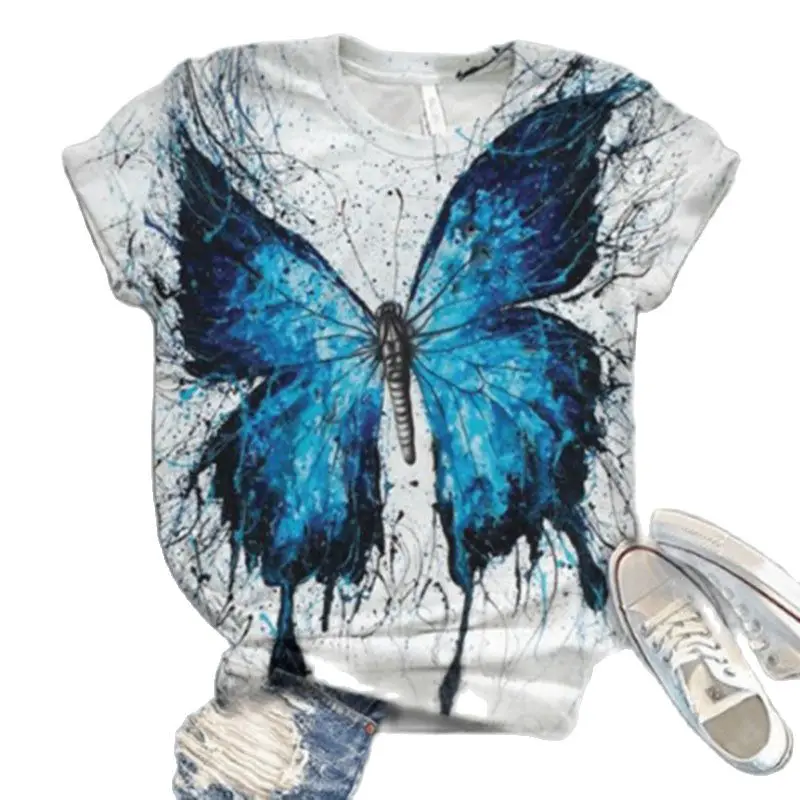 

Women Short Sleeve 3D Butterfly Animal Print T Shirt New Summer Casual Loose Cute Dog Tshirts Fashion Female Tees Top Plus Size