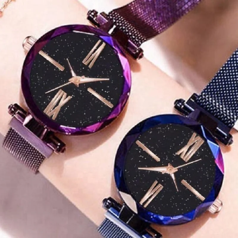 Часы женские кварцевые с сетчатым браслетом магнитом и звёздным небом|Женские