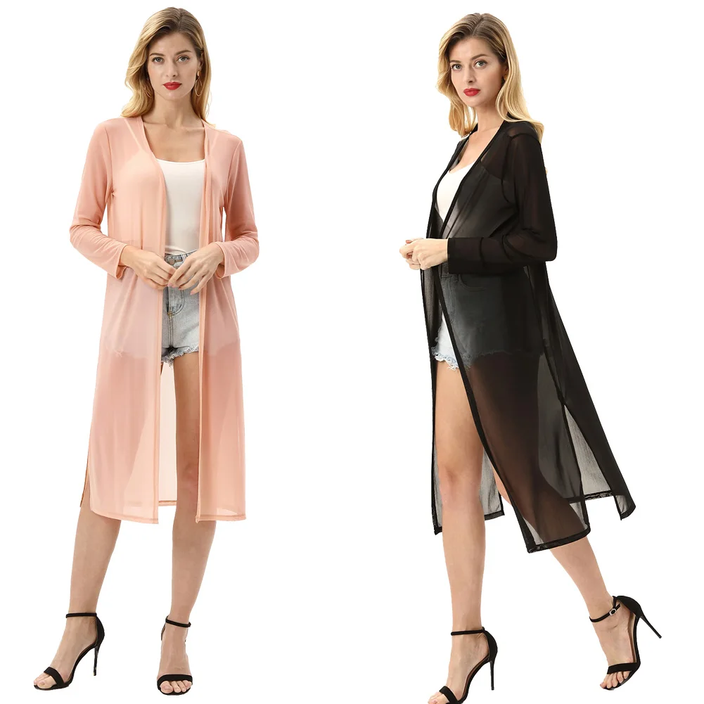 Женское полупрозрачное пальто с разрезом сбоку пляжные топы длинными рукавами и