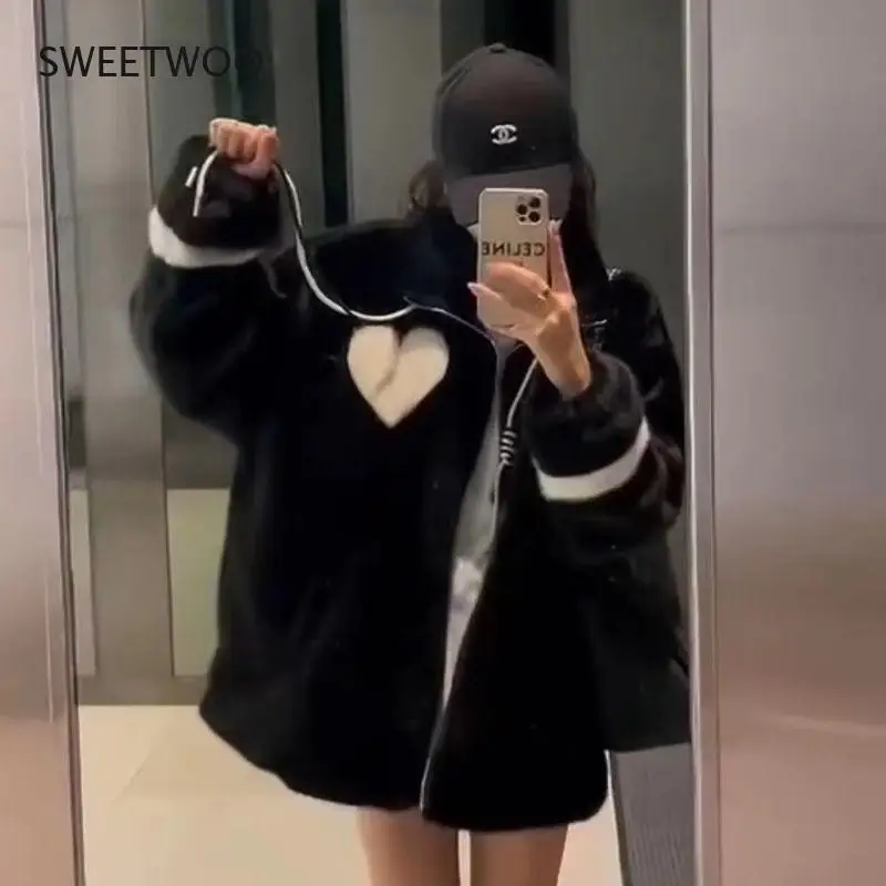 Autumn and Winter Standing Collar Drawstring Imitation Mink Lamb Baseball Suit Loose One-Piece Plush Thick Leisure and Warmth