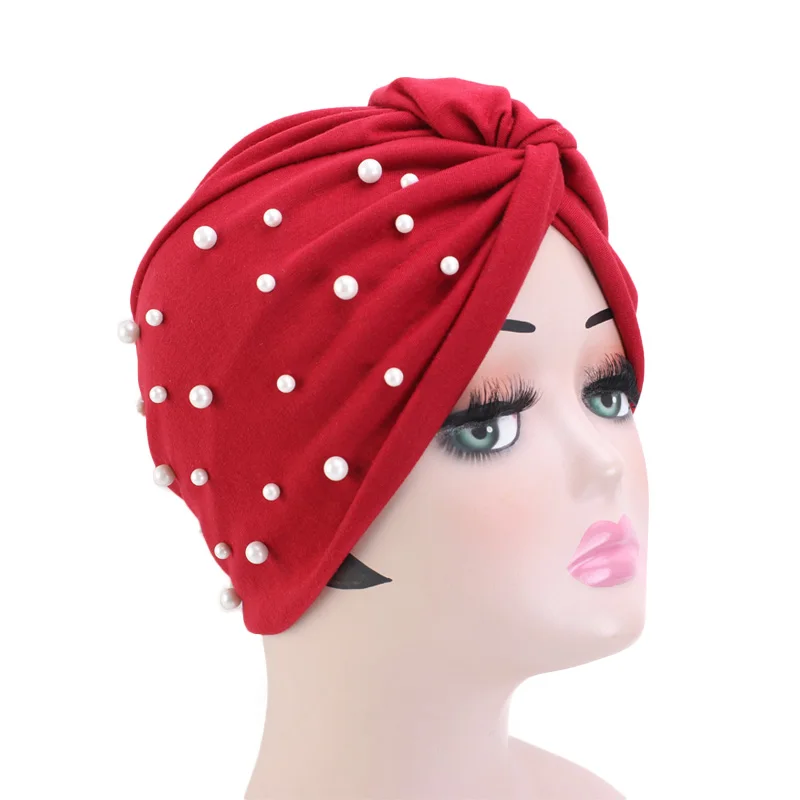 

Cotton Turban India Hat Muslim Women Winter Warm Pearls Headband Ladies Headwrap Hair Accessories New Fashion