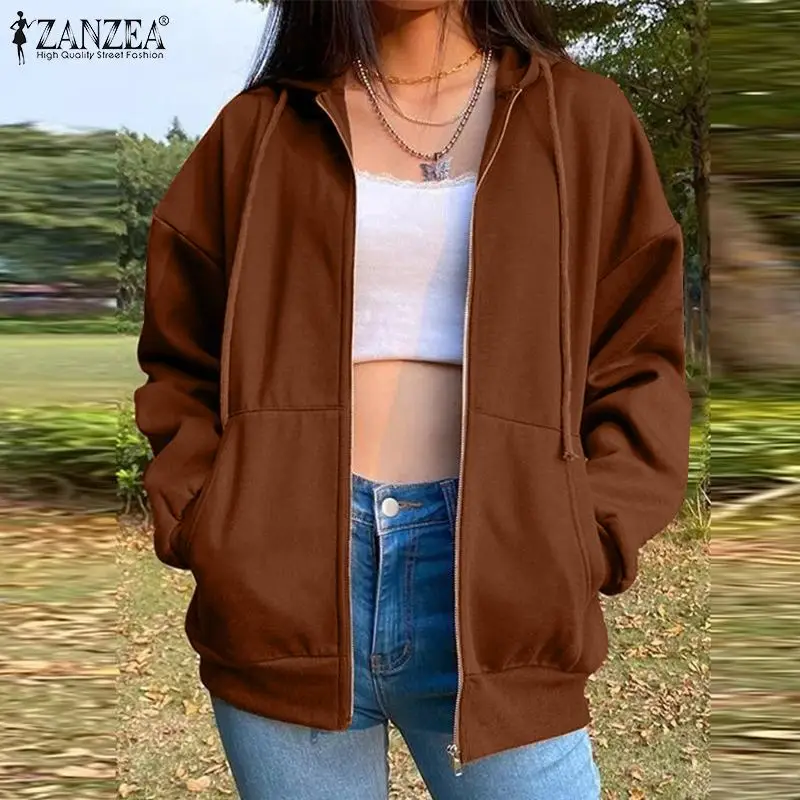 

Harajuku Zip Up Hoodies Sweatshirt ZANZEA 2022 Fashion Pullovers Autumn Long Sleeve Pockets Outwear Casual Solid Loose Oversized