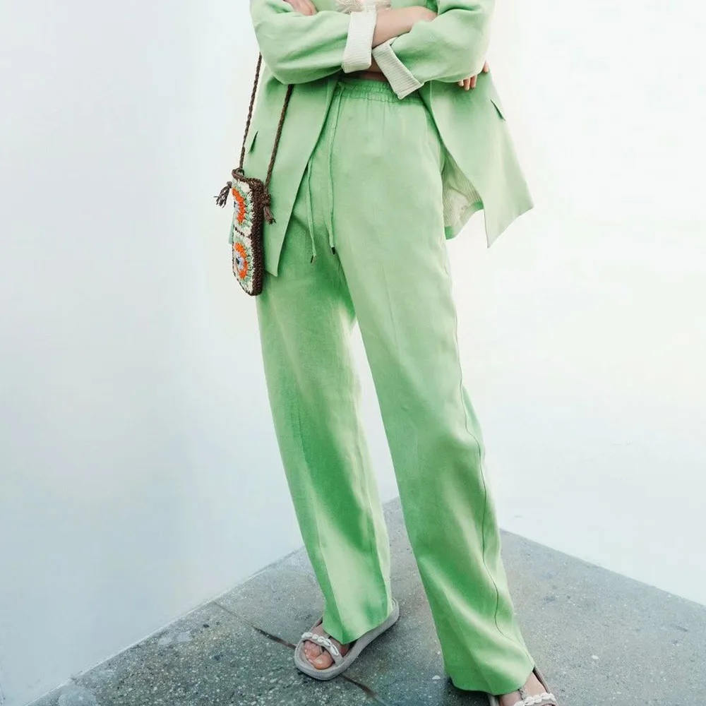 

BM UR HM ZA Women's 2021 summer new fashion all-match slim linen solid color loose casual elastic waist straight wide leg pants