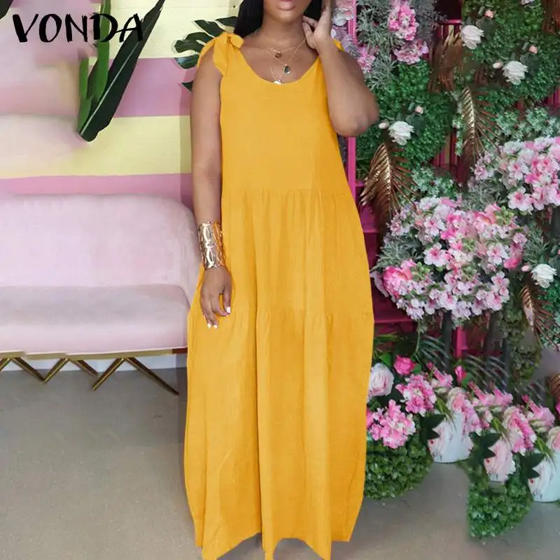 

Summer Dress VONDA 2021 Casual Sexy Sleeveless Tank Dresses Bohemian Vestidos Plus Size Maxi Long Dress S-5XL kaftan Robe