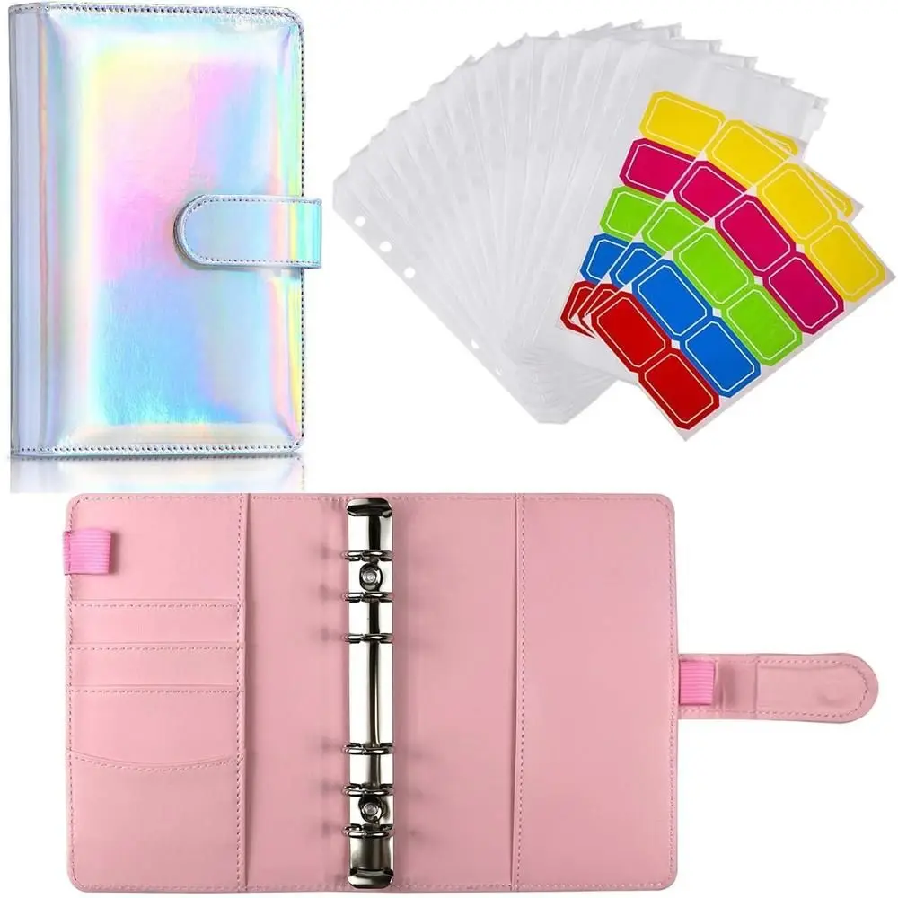 

New A6 Notebook Binder Cover 12pcs Binder Pockets 6-ring Budget Binder Loose Leaf Zipper Bags 30pcs Self-adhesive Label Stickers