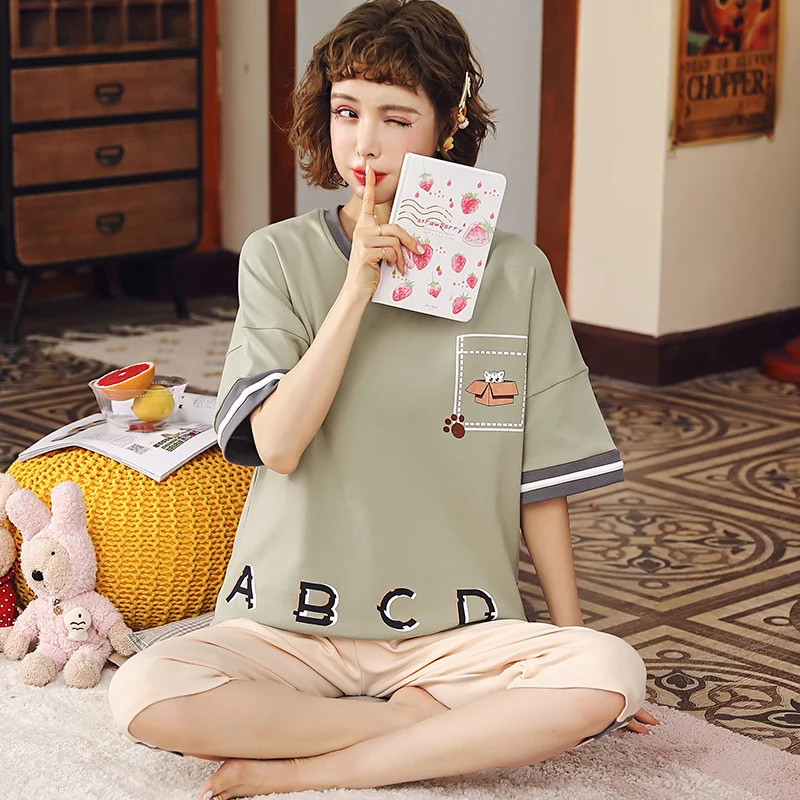 

Calf-Length Women Sleepwear Cartoon Box Cats Kawaii Women Pajamas Set Round Neck Letter Summer Nightwear Comfort Cotton Homewear