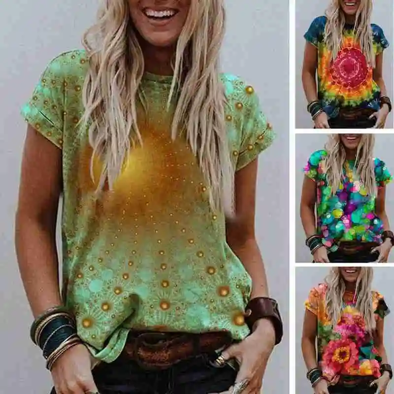 

2021 Fashion Printed Round Neck Top Loose Women's Casual Sleeve Short T-Shirt J7E1