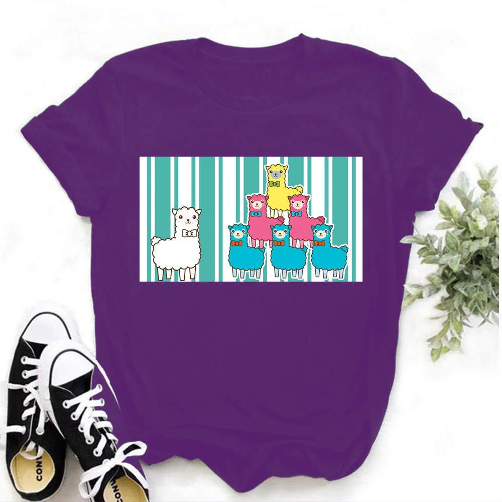 

Alpaca Print ladies T-shirt ladies casual basis O-collar white shirt short sleeve ladies T-shirt TX8040