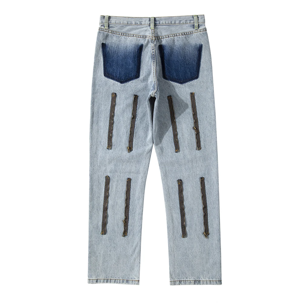 Джинсы мужские прямые на молнии сзади модные штаны с отверстиями для колен брюки