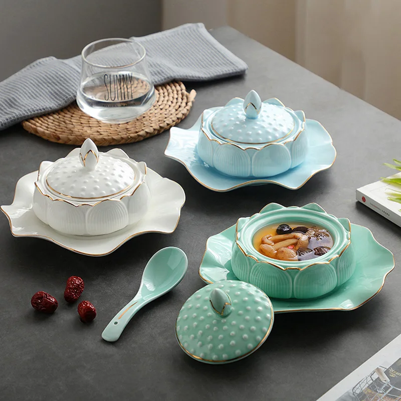 

Phnom Penh Ceramic Lotus Stew Pot With Tray 300ml Egg Steam Bowl Soup Dessert Pot