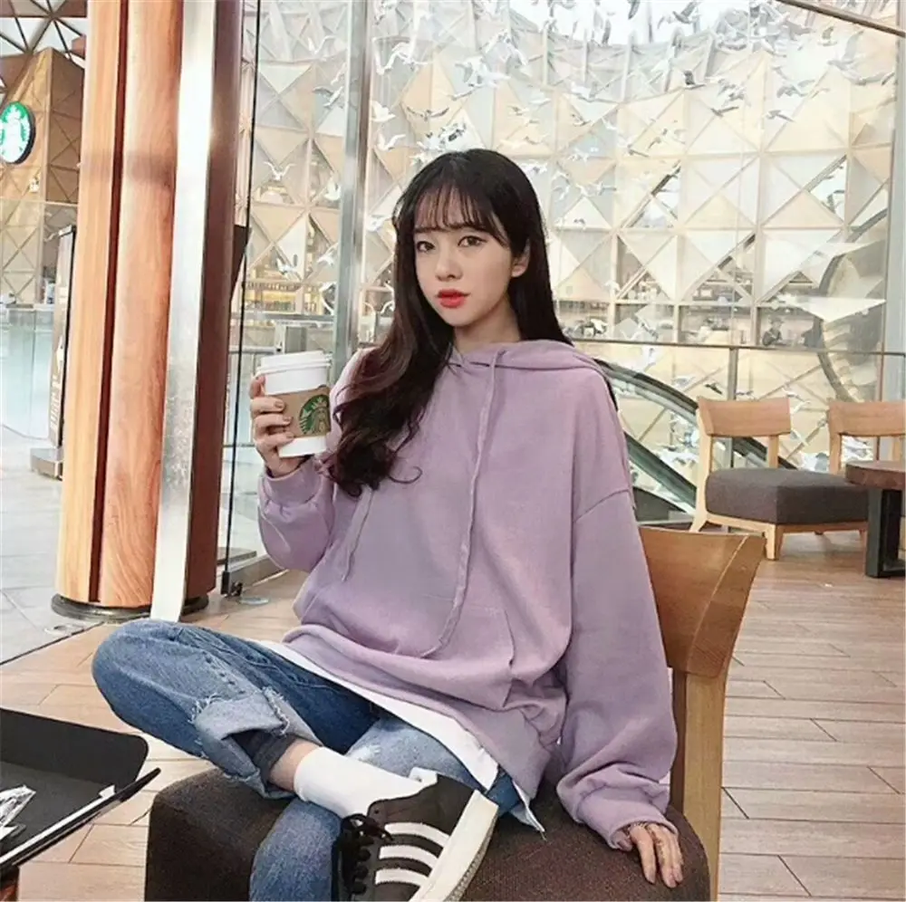 Женский хлопковый свитер с капюшоном свободный из двух частей белым краем 5