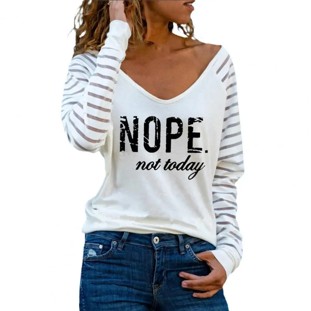

Blouse Long Sleeve Loose Top Women Stripes Letters Print T-shirt for Spring Base Daily Shirt Base Tees Tops