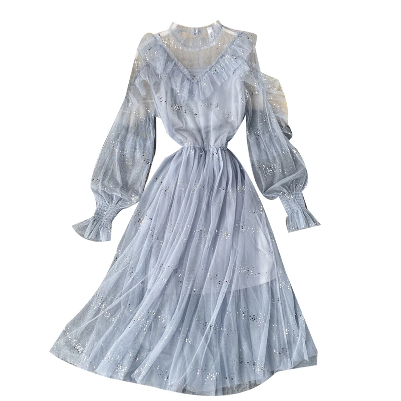 

New Arrivals Women Lace Flower Dress Long Gauze Lantern Sleeve Voile Long Dress Female Retro Hook Princess Dress 2 Piece Set