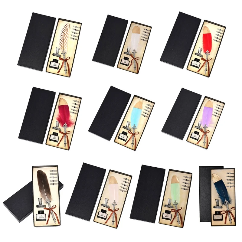 

Antique Feather Pen Set Writing Quill Ink Dip Pen w/ 5 Replacement Nibs Pen Base Holder Ink Bottle Gift for Adults Kids Women