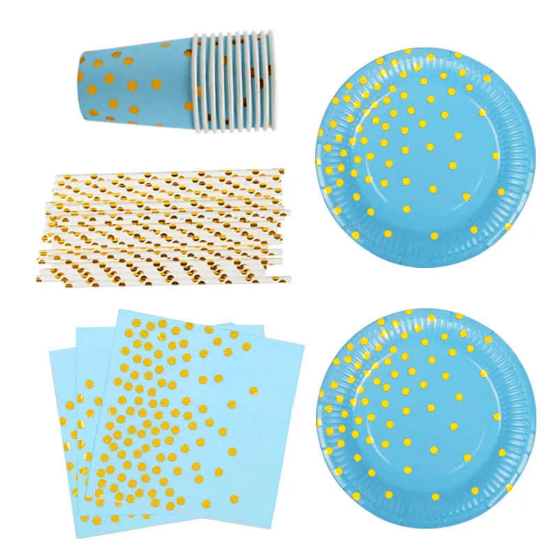 85 штук золотые блоки Набор одноразовой посуды синий бумажные тарелки и стаканы
