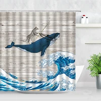 funny whale cat shower curtain cut animal sea waves retro grey wooden board print polyester cartoon home bathroom decor curtains