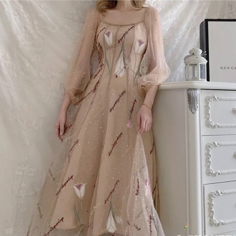 

Women Print Dress A-Line Long Sleeve Square Collar Mid-Calf High Waist Chiffon Mesh Autumn French Woman Vintage Dresses