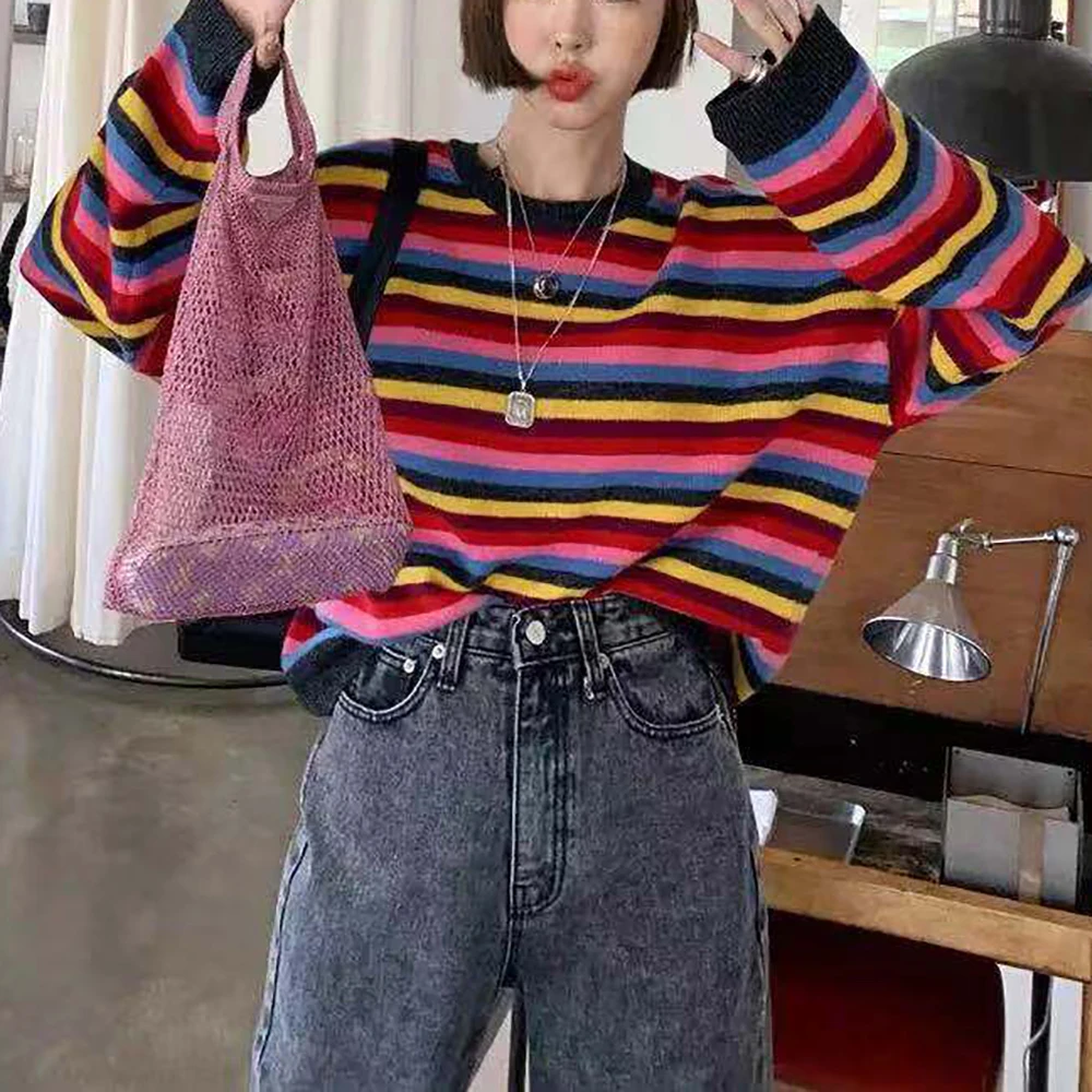 Радужный Модный женский свитер 2019 осень зима новый вязаный с круглым вырезом