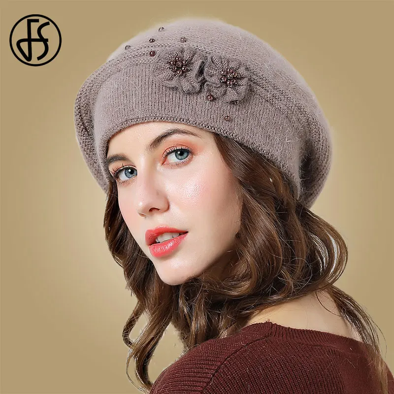 Женский вязаный берет из меха кролика FS теплый с большим цветком осенне зимний