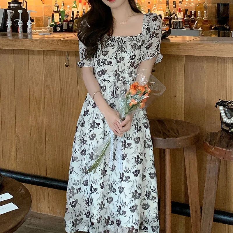 

French Vintage Elegant Strap Dresses Women Sexy One-Piece Dress Korean Floral Midi Dress Females Bandage Design 2021 Sumemr Y2K
