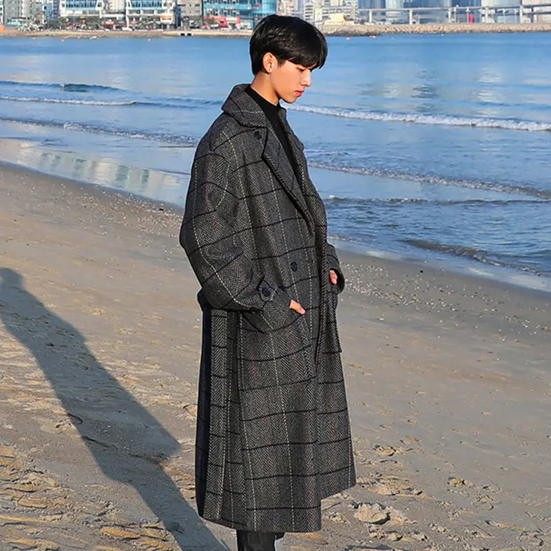 

fashion Woolen coat overcoat winter men men's Korean style loose mid-length all-match plaid youth mens Hot Sale