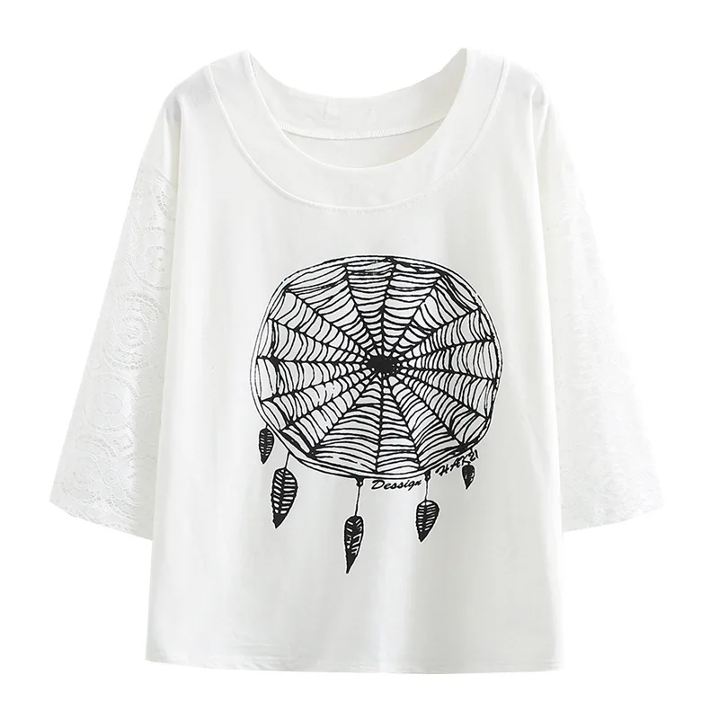 

Women's Clothing T-Shirts Plus Size 2021 Summer Tees Fashion Casual Lace Splice Sleeve Tops