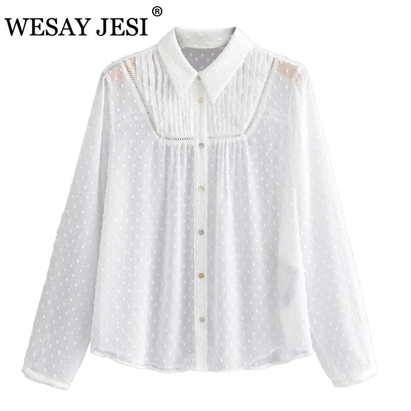 

WESAY JESI Women’s Top Spring Fashion Hollow Out Blouse Embroidery Dot Shirts Single Breasted Turn Down Collar Shirt Chic Women