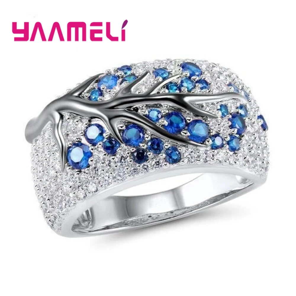 Blue Новейшая мода 925 Серебряные кольца с широким диапазоном для мужчин и женщин унисекс Bague Древо жизни кубический циркон инкрустация проложили трендовые ювелирные изделия - Цвет основного камня: Blue
