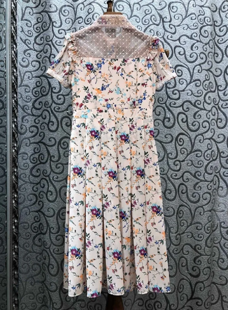 

Quality New High 2021 Summer Dress Fashionable Women Exquisite Flower Print Sexy Tulle Mesh Patchwork Mid-Calf Large Swing Dress