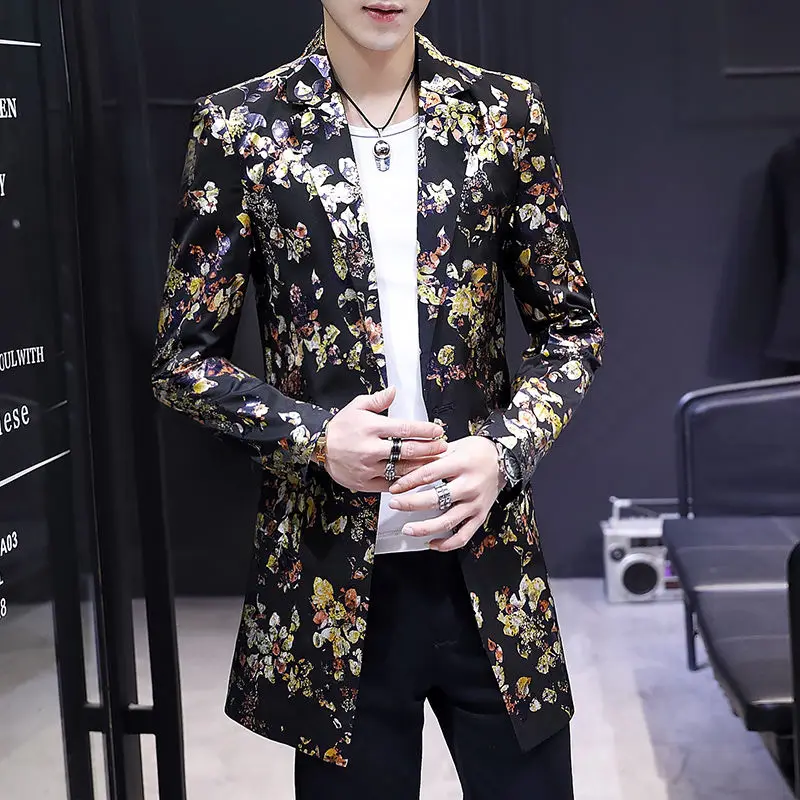 

Men's mid long top flower suit summer thin fashion suit Korean style slim trend single coat