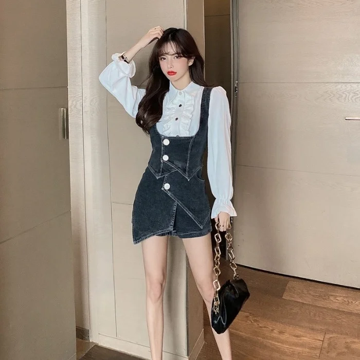 Джинсовый костюм рубашка в Корейском стиле на раннюю осень 2021 Приталенный жилет