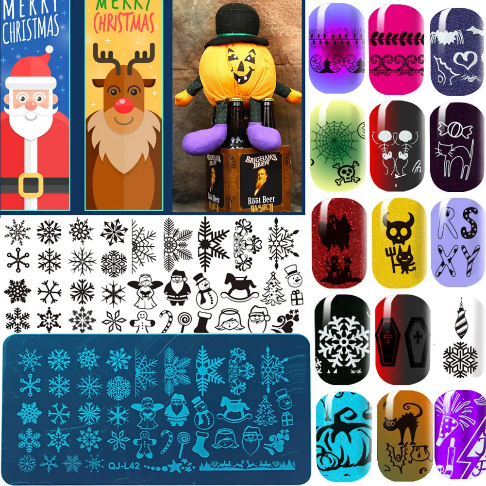 Nail Art штампованные пластины DIY Рождество и Хэллоуин прямоугольный штамп для маникюра шаблон искусства Маникюр 12 типов