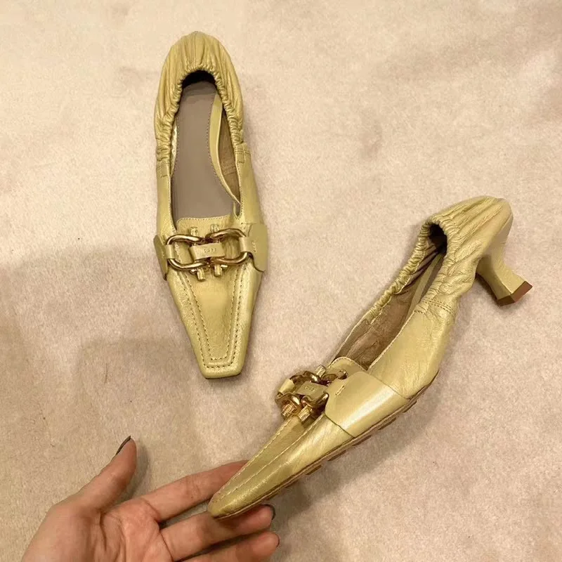 

2021 Spring New All-match High Heels Stiletto Retro Soft Leather Fold Square Toe Shallow Mouth Single Shoes Women