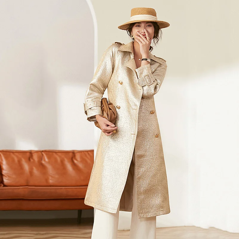 Роскошный Золотой Женский Тренч во французском стиле свободная Женская ветровка