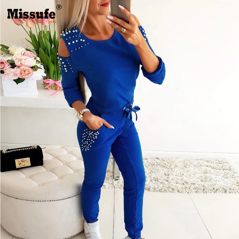 Missufe Осень Черный Синий Комплект из двух предметов для женщин с длинным рукавом