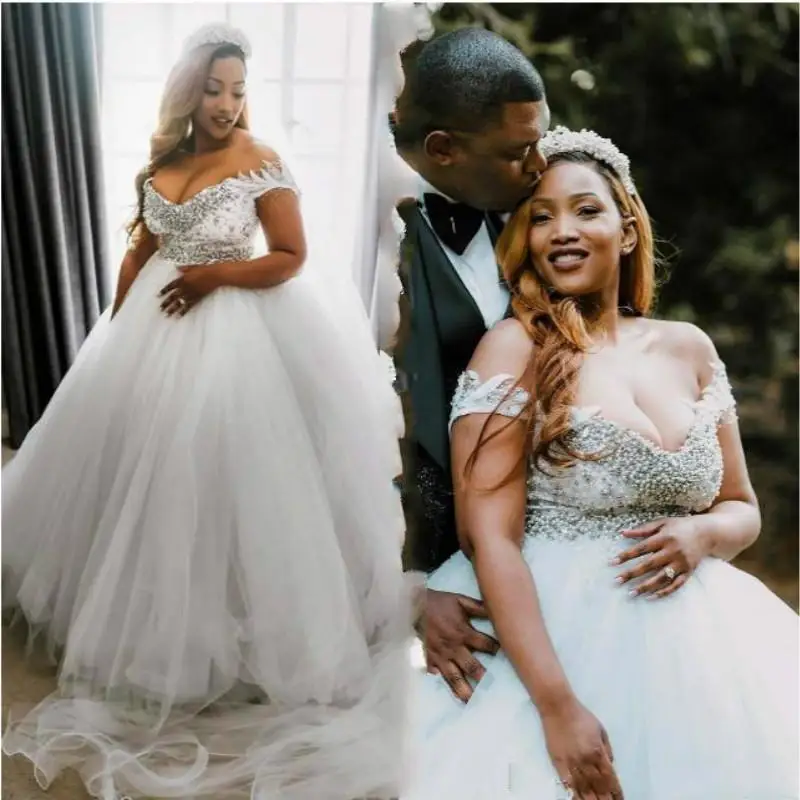 

2022 Plus Size Pearls Wedding Dresses Beading Off The Shoulder Crystal Lace Appliqued Bridal Gowns Sequined vestidos de novia