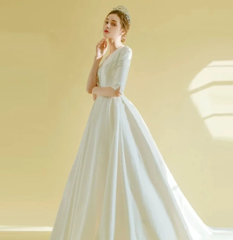 

Women's wedding dress V neck satin long sleeve plus size bridal Muslim wedding gown with train