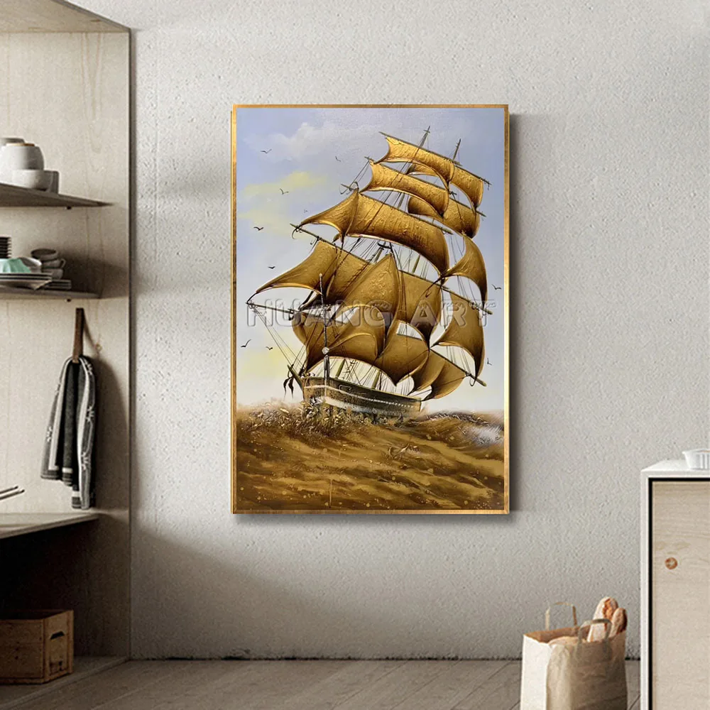 Hand-painted Modern Gold Sail Oil Painting on Canvas for Living Room Decor Handmade Sailboat Sea Landscape Texture | Дом и сад