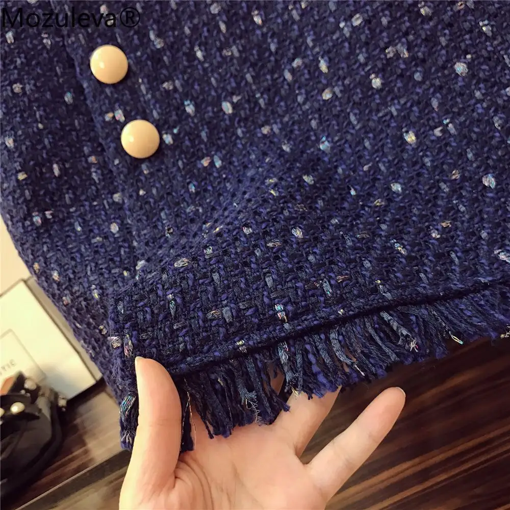 

Navy Blue Tweed Jacket+Pencil Skirt Suit Autumn Winter Women's Short Jacket Coat Golden Button Tassels Ladies Wool Two Piece Set
