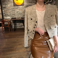 female fashion tweed v neck warm coat all match elegant vintage long sleeve jacket basic short office lady outerwear chic autumn